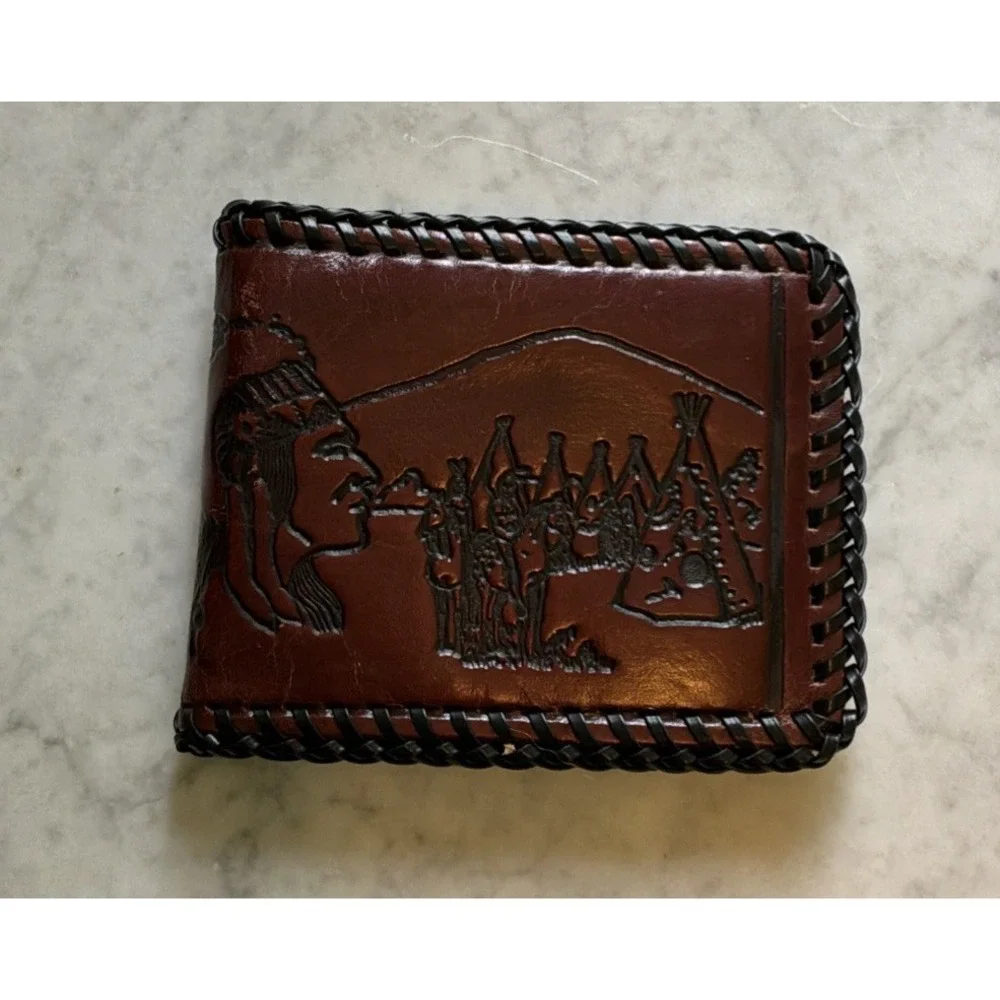 New VTG Mens Leather Bifold Laced Truckers Wallet Embossed Front Native American